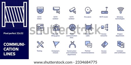 Сommunication lines: wi-fi router, wireless technologies, provider, Internet. Vector line icons pack. Size: 32x32px. Two color