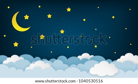 Crescent moon, stars, and clouds on the midnight sky background. Night sky scenery background. Paper art style. Vector Illustration. 
