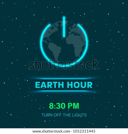 Earth hour concept with neon lights. Flat Earth planet in Space. Earth globe with on/off light switch icon or power button. Abstract space background with stars. Minimal design. Vector Illustration. 