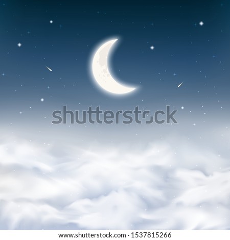 Midnight sky background with crescent moon, stars, comets, realistic dense clouds. Starry night sky above clouds. Peaceful scene night sky background with half moon. Vector Illustration.