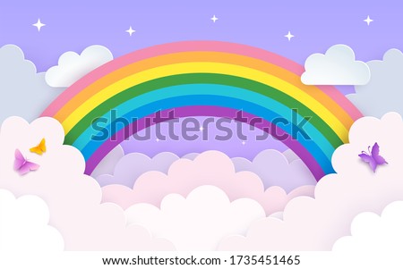 Soft pink and purple sky background with rainbow, clouds, stars and butterflies. Minimal backdrop in layered paper art style with copy space. Baby nursery, kids' room decor. Vector Illustration. 