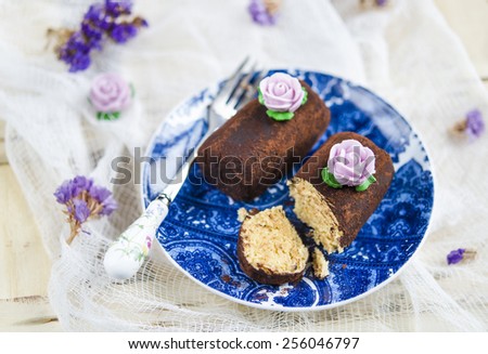 Chocolate cake Potato on a blue plate