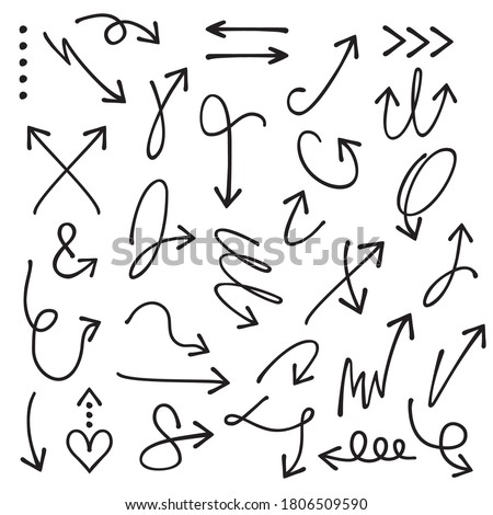 Black curvy and odd shape hand drawn direction arrows and pointers set on white background