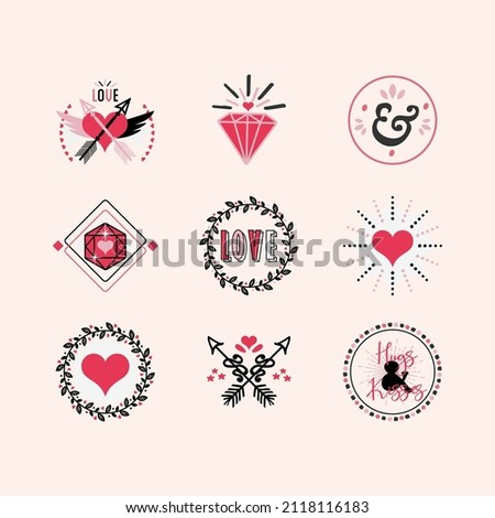 Cute elegant black, pink and red love and heart different emblems and stamps design element set on light pink background