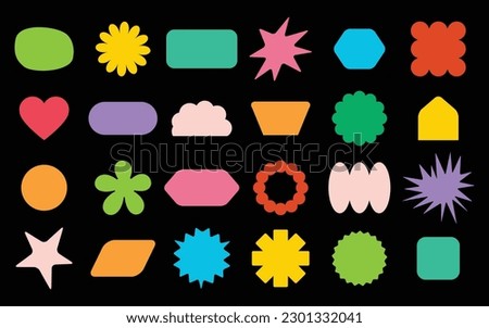 Cute colorful abstract assorted kids empty random shapes emblems and labels set design elements on black background