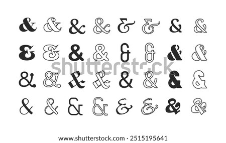 Black ink silhouette and line different isolated ampersand signs icons set design elements template on white background