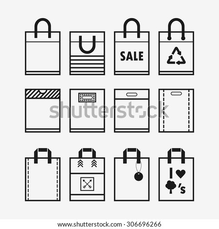 Linear shopping plastic and paper bags icon set on off white background