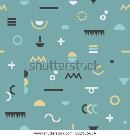 Abstract retro colors geometrical modern symbols and Memphis style seamless pattern on teal background