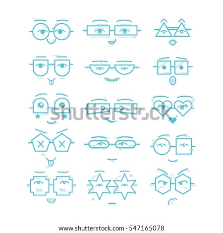 Cute blue emoticons faces with different geometrical shapes eyeglasses icons set on white background