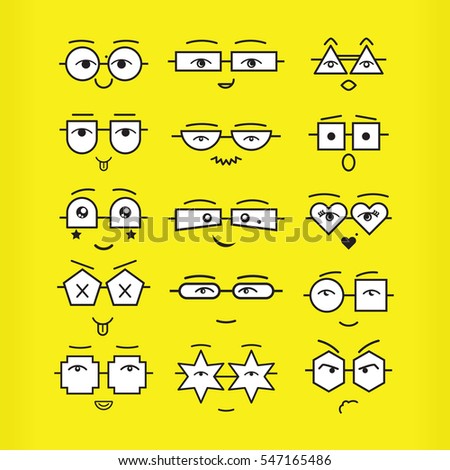 Cute black emoticons faces with different geometrical shapes eyeglasses icons set on yellow background