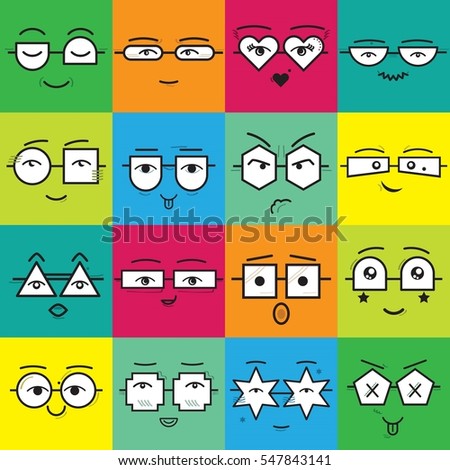 Cute colorful square stickers emoticons faces with different geometrical shapes eyeglasses icons set on color background