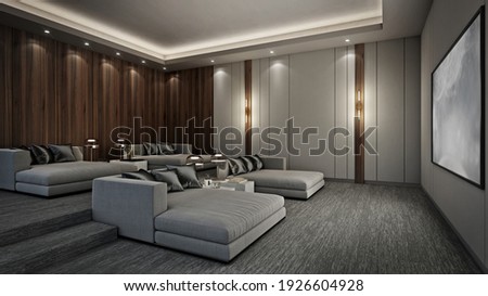 Sofa bed in modern home theater room, 3D render