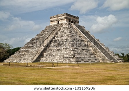 The main pyramid of Chichen Itza. During the equinox near sun set a shadow down the side of the pyramid steps ends in the snake head of Kukulkan at the bottom.