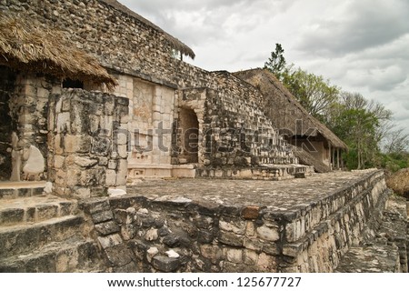 Main piramid in ancient Maya city of Ek Balam. Ek Balam in the yucatan is a recently discovered Maya city lost in the jungle archaeological sites.