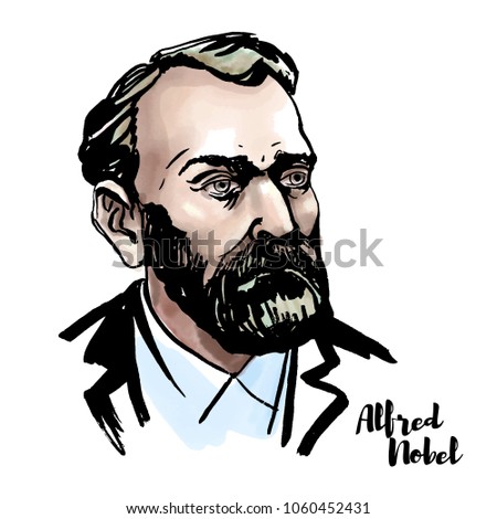 Alfred Nobel watercolor vector portrait with ink contours. Swedish chemist, engineer, inventor, businessman, and philanthropist.