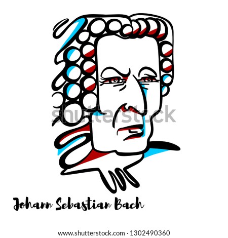 Johann Sebastian Bach engraved vector portrait with ink contours. German composer and musician of the Baroque period.