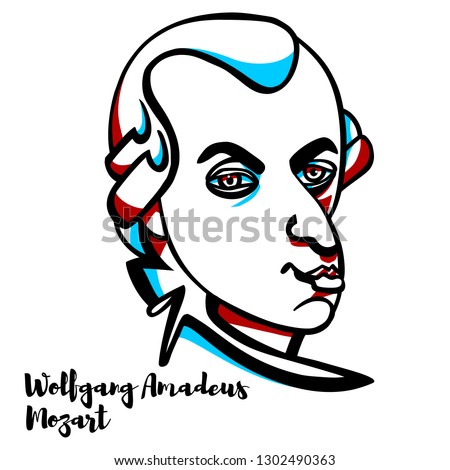 Wolfgang Amadeus Mozart engraved vector portrait with ink contours. Prolific and influential composer of the classical era.