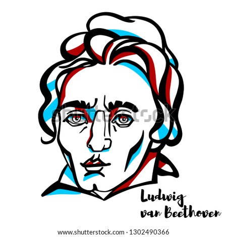 Ludwig van Beethoven engraved vector portrait with ink contours. German composer and pianist.