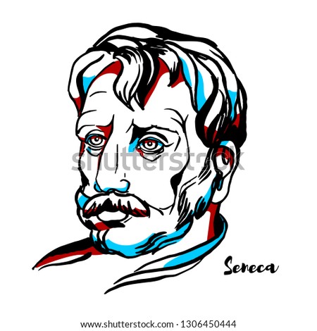 Seneca engraved vector portrait with ink contours. Roman rhetorician and writer, born of a wealthy equestrian family of Cordoba, Hispania.