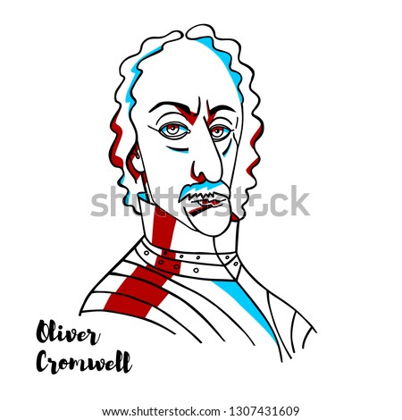 Oliver Cromwell engraved vector portrait with ink contours. English military and political leader.