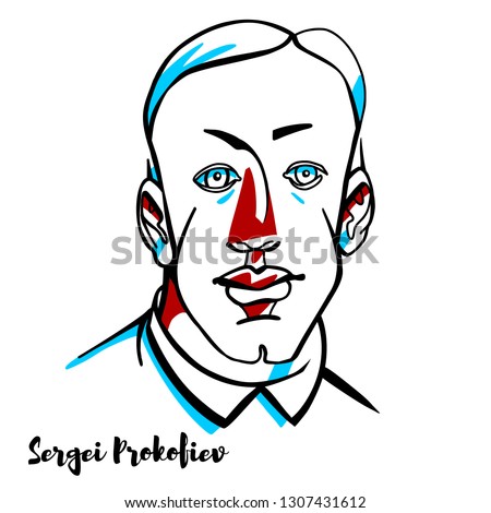 Sergei Prokofiev engraved vector portrait with ink contours. Russian Soviet composer, pianist and conductor.