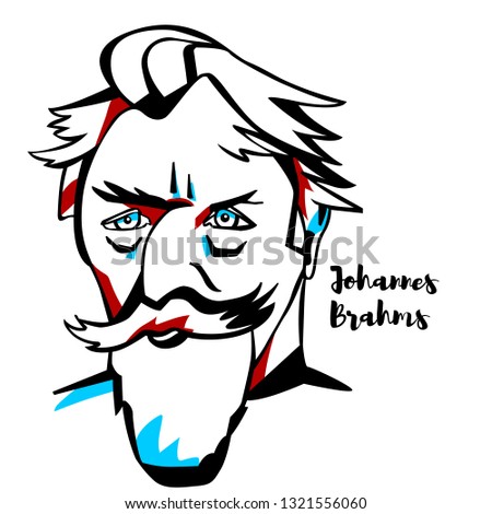 Johannes Brahms engraved vector portrait with ink contours. German composer and pianist of the Romantic period, composed for symphony orchestra, chamber ensembles, piano, organ, and voice and chorus.