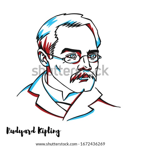 Rudyard Kipling engraved vector portrait with ink contours. English journalist, short-story writer, poet, and novelist.
