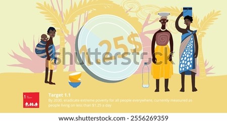 SDG 1 - No Poverty vector peolple portraits Illustration. Africa landscape, poverty problem scene. Eradicate extreme poverty for all people.