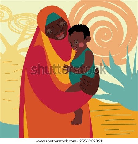 SDG 1 - No Poverty vector mother and child illustration. Africa landscape, poverty problem scene. Eradicate extreme poverty for all people.