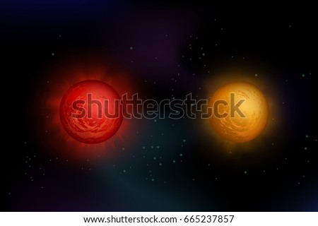 Illustration with two stars: red giant and red super giant on space background with stars. Made of gradient meshes, fully editable.