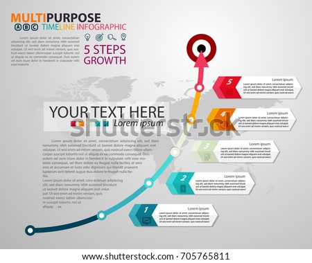 Infographic Timeline template with arrow and goal for multipurpose of use, business, workflow, diagram or web design. Consist of 5 options of step. Growth Concept.
