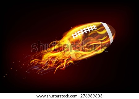 American Football. Rugby. Ball in a realistic fire on a dark background. Flames and sparks. Vector illustration