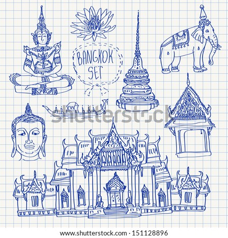 Illustration of vector set of Bangkok (Thailand) with temple, buddha, elephant and lotus isolated on squared paper