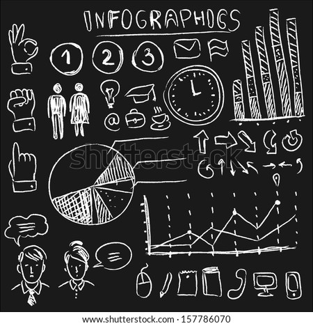 Info graphics set on chalkboard, vector illustration hand drawn, doodle design element and icon
