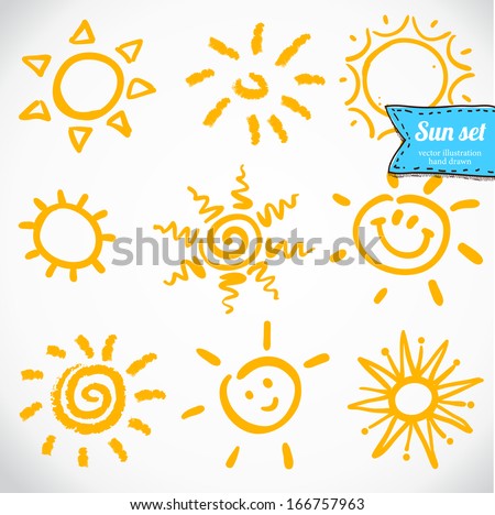 Vector set of different suns isolated, hand drawn illustration