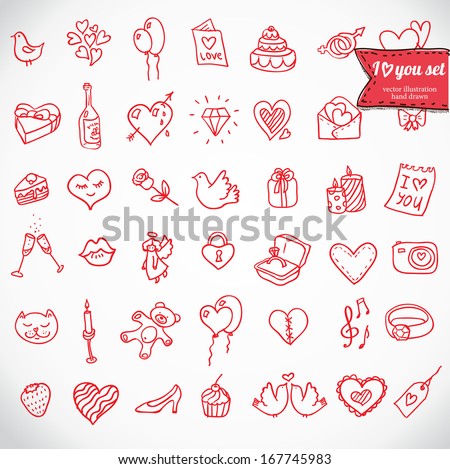 I love you doodle icon set isolated, vector illustration hand drawn