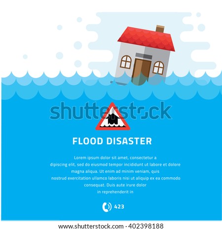 Building Soaking Under Flood Disaster Vector Illustration.
