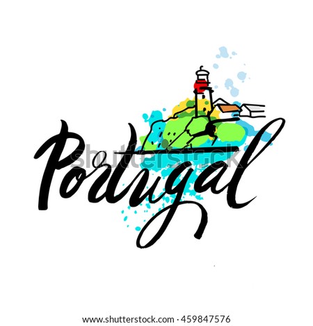 Portugal The Travel Destination logo. Azenhas do Mar, coastal town. - Vector travel company logo design - hand drawn illustration with lettering.