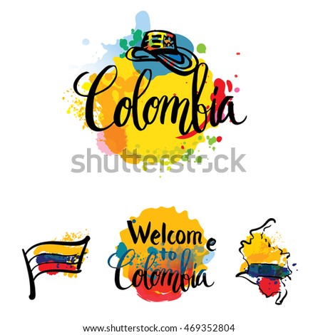 Hand lettering logo with watercolor elements. Vector illustration independence day of Colombia.