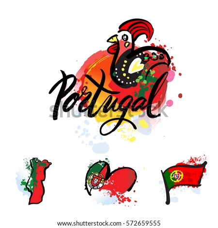 Portugal The Travel Destination logo . Illustration of decorated Barcelos rooster symbol. hand-drawn lettering with watercolor elements