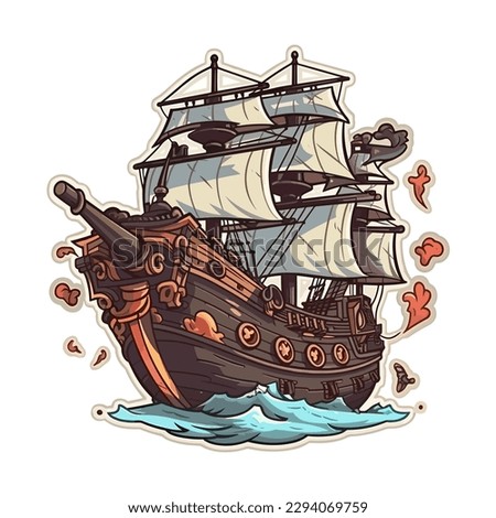 An old medieval sailing ship. A pirate ship sails into rough seas. The adventure of the corsairs. Cartoon vector illustration. label, sticker, t-shirt printing