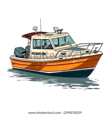 Motor boat for divers or fishermen. Small tourist excursion boat. Cartoon vector illustration. label, sticker, t-shirt printing