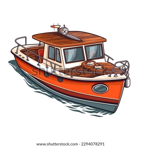 Motor boat for divers or fishermen. Small tourist excursion boat. Cartoon vector illustration. label, sticker, t-shirt printing