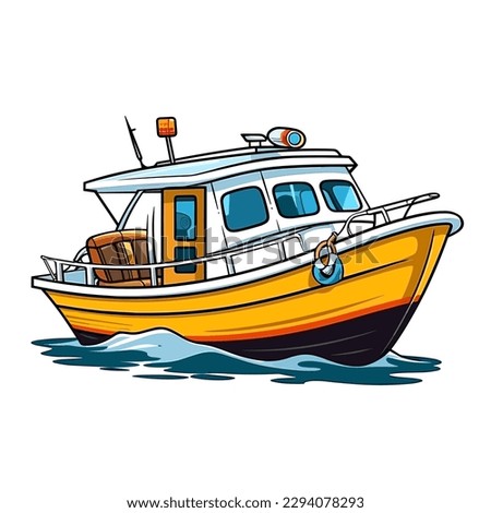 Small tourist excursion boat. Motor boat for divers or fishermen. Cartoon vector illustration. label, sticker, t-shirt printing