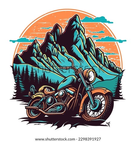 Holliday road trip by motorbike. A motorbike trip to the mountains. Visit a nature park or reserve. cartoon vector illustration, white background, label, sticker, t-shirt design