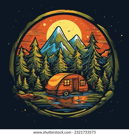 Camping in a caravan in the wild in the countryside. Cartoon vector illustration.