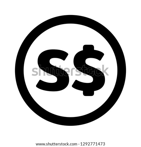 Currency flat icon coin symbols in black circle ring : Singapore Dollar SGD black and white vector illustration.