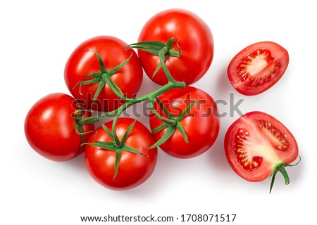 Tomatoes isolated. Tomato branch on white. Tomato with clipping path. Top view tomatoes. Tomato flat lay.