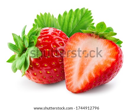 Strawberry isolated. Strawberries with leaf isolate. Whole, half, cut strawberry on white. Strawberries isolate. Side view organic strawberries. Full depth of field.