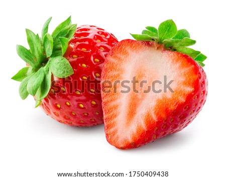 Strawberries isolated. Strawberry isolate. Whole, half, cut strawberry on white. Strawberries isolate. Side view sliced strawberries. Full depth of field. With clipping path.